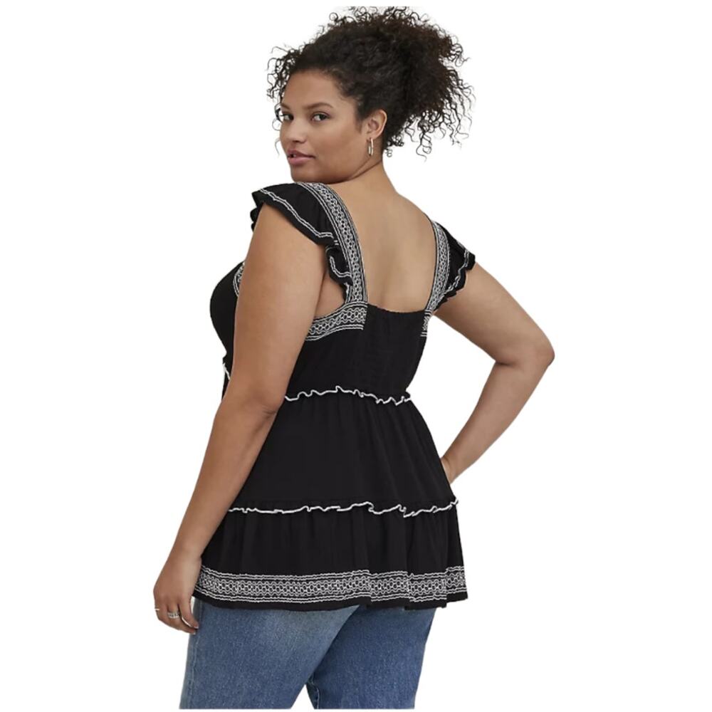 Torrid NWT Babydoll Crinkle Gauze Embroidered Tiered Top Black White Size 3X - Picture 3 of 7